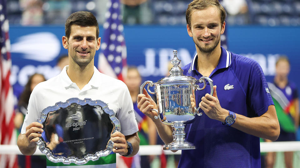 Novak Djokovic and Daniil Medvedev, pictured here after the US Open final. 