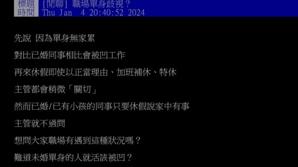 原PO好奇「職場單身容易被歧視？」（圖／翻攝自PTT）