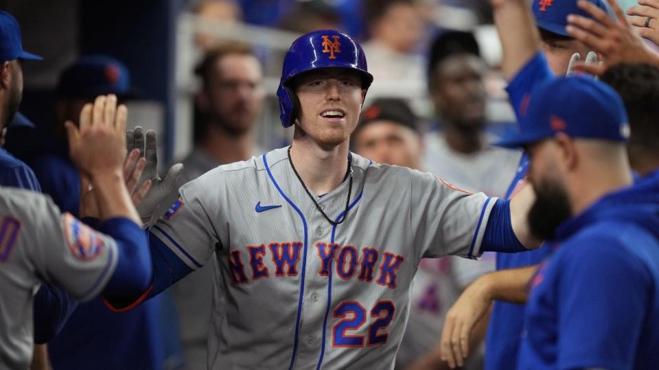 New York Mets third baseman Brett Baty (22) celebrates a home run in the eighth inning against the Miami Marlins.