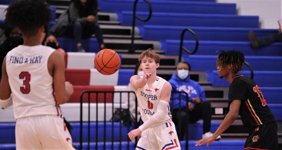 Cooper's Kale Sage (0) passes the ball to Jordan Willis (3) as Lubbock Coronado' Kaleel Campbell defends in the fourth quarter.