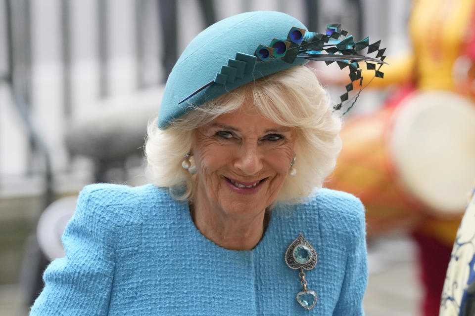 Queen Camilla arrives to attend the annual Commonwealth Day Service of Celebration at Westminster Abbey in London, Monday, March 11, 2024. Commonwealth Day is an annual celebration observed by people all over the Commonwealth in Africa, Asia, the Caribbean and Americas, the Pacific and Europe. (AP Photo/Kirsty Wigglesworth)