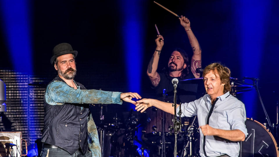  Paul McCartney, Krist Novoselic and Dave Grohl perform live at Safeco Field on July 19, 2013 in Seattle, Washington.  