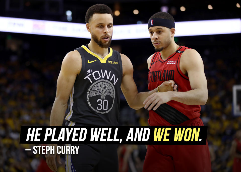 Steph Curry says <a href="https://sports.yahoo.com/curry-on-curry-crime-part-of-big-blazers-half-against-warriors-022839795.html" data-ylk="slk:playing against his little brother;elm:context_link;itc:0;sec:content-canvas;outcm:mb_qualified_link;_E:mb_qualified_link;ct:story;" class="link  yahoo-link">playing against his little brother</a> Seth in Game 2 of the Western Conference Finals "worked out perfectly."