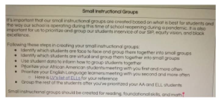Screen grab of alleged Madison Metropolitan School District policy regarding small group instruction.