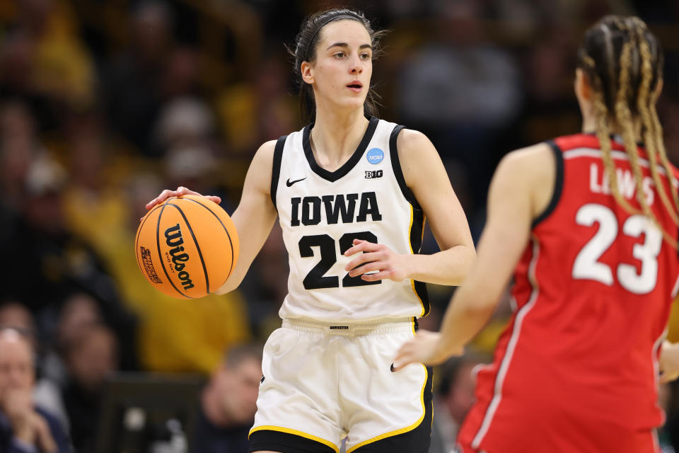 Iowa's Caitlin Clark brings the ball up court in the second half against Georgia during the second round of the women's NCAA tournament at Carver-Hawkeye Arena in Iowa City, Iowa, on March 19, 2023. (Rebecca Gratz/NCAA Photos via Getty Images)