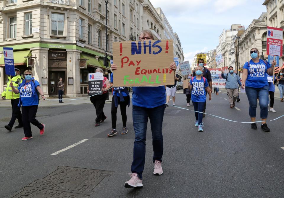 LONDON, UNITED KINGDOM- SEPTEMBER 12: NHS workers attend the 'March for Pay' Demonstration in London, United Kingdom on September 12, 2020. (Photo by Hasan Esen/Anadolu Agency via Getty Images)