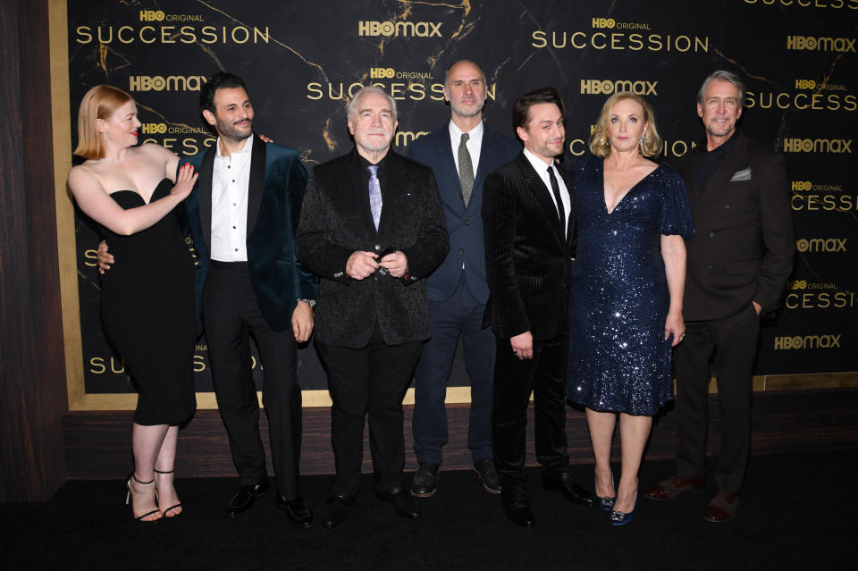 (L-R) Sarah Snook, Arian Moayed, Brian Cox, Jesse Armstrong, Kieran Culkin, J. Smith-Cameron and Alan Ruck attend HBO's 