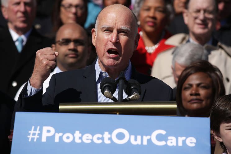 California Gov. Jerry Brown speaks during an event on health care at the U.S. Capitol March 22, 2017. (Photo: Alex Wong/Getty Images)