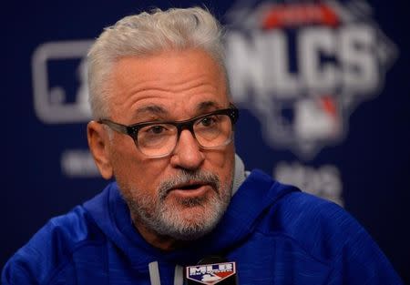 Oct 17, 2015; New York City, NY, USA; Chicago Cubs manager Joe Maddon speaks at a press conference before game one of the NLCS against the New York Mets at Citi Field. Mandatory Credit: Robert Deutsch-USA TODAY Sports