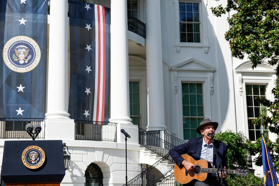 Singer-songwriter James Taylor performs at an event celebrating the passage of the Inflation Reduction Act on the South Lawn of the White House on September 13, 2022 in Washington, D.C.