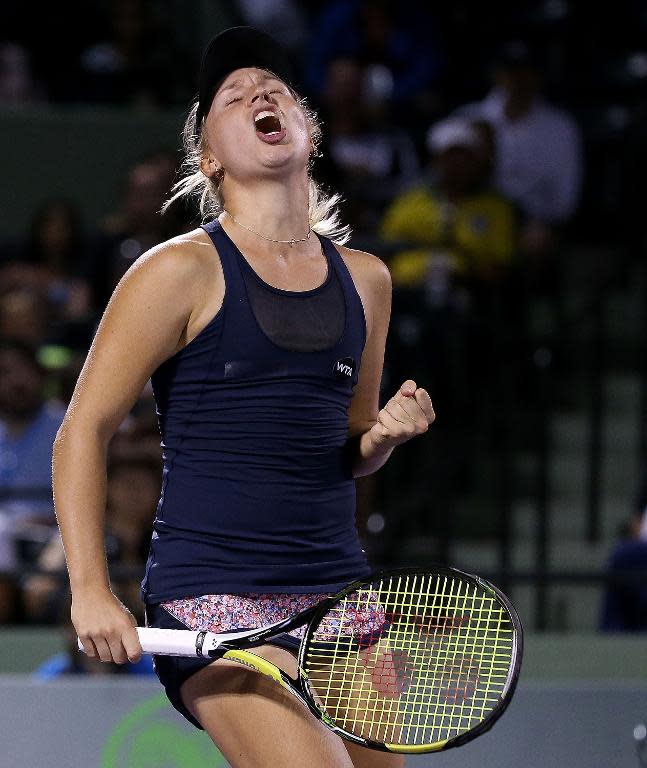 Dania Gavrilova of Russia reacts to a point against Maria Sharapova, during their match at the Miami Open, in Key Biscayne, Florida, on March 26, 2015