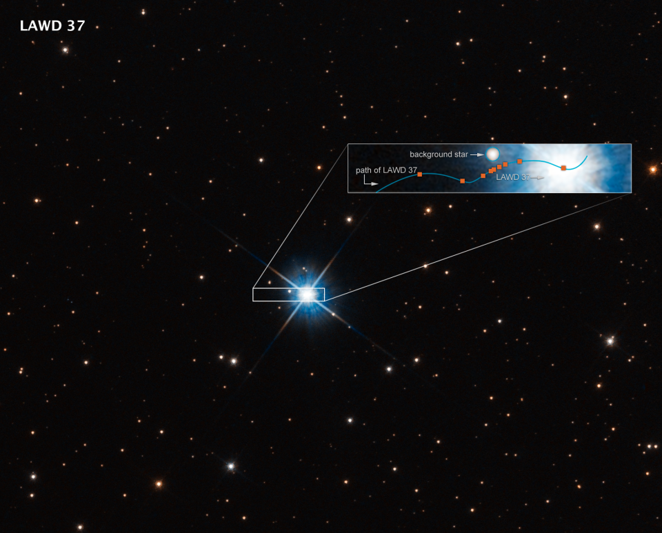 A graphic showing the path of the white dwarf LAWD 37 across teh sky, as it passed in front of a distant star and warped the star's light.