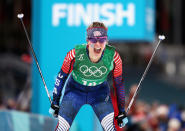 <p>Jessica Diggins of the United States celebrates as she crosses the line to win gold during the Cross Country Ladies’ Team Sprint Free Final at the 2018 Winter Olympic Games in PyeongChang, South Korea on February 21, 2018.<br>(Photo by Lars Baron/Getty Images) </p>