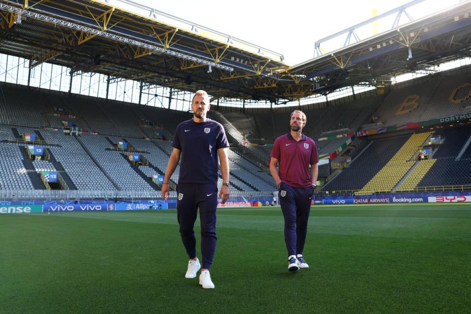 The England manager walks around the pitch with Harry Kane (The FA via Getty Images)