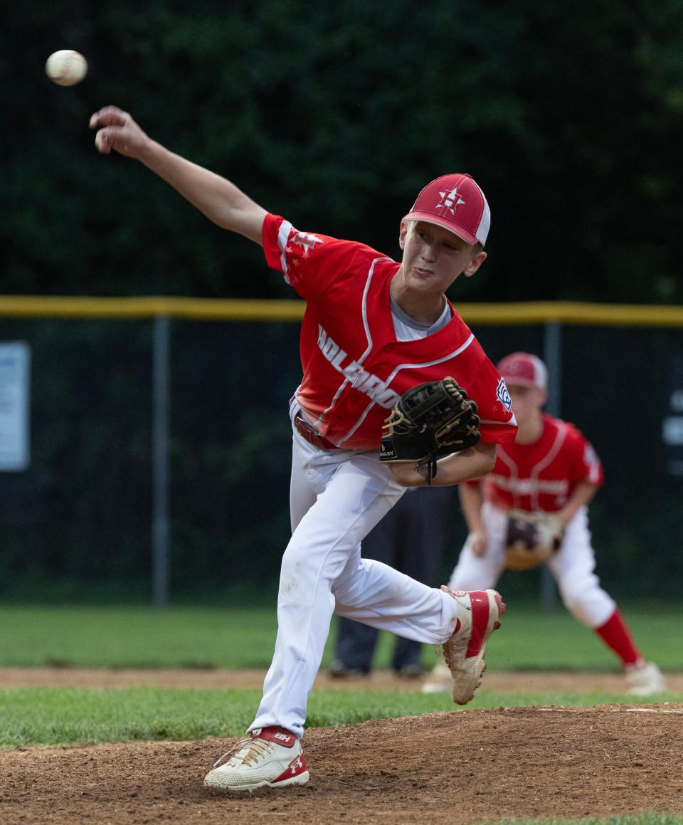 Holbrook Mason Monday pitches some toward end of game. Holbrook Little League defeats Lincroft 5-0 in Sectional Tournament in Yardville, NJ on July 14, 2023. 