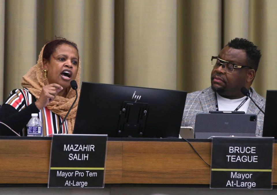 Iowa City’s Mayor Pro Tem Mazahir Salih, left, speaks during a city council meeting as Mayor Bruce Teague listens Tuesday, Feb. 6, 2024 in Iowa City, Iowa.