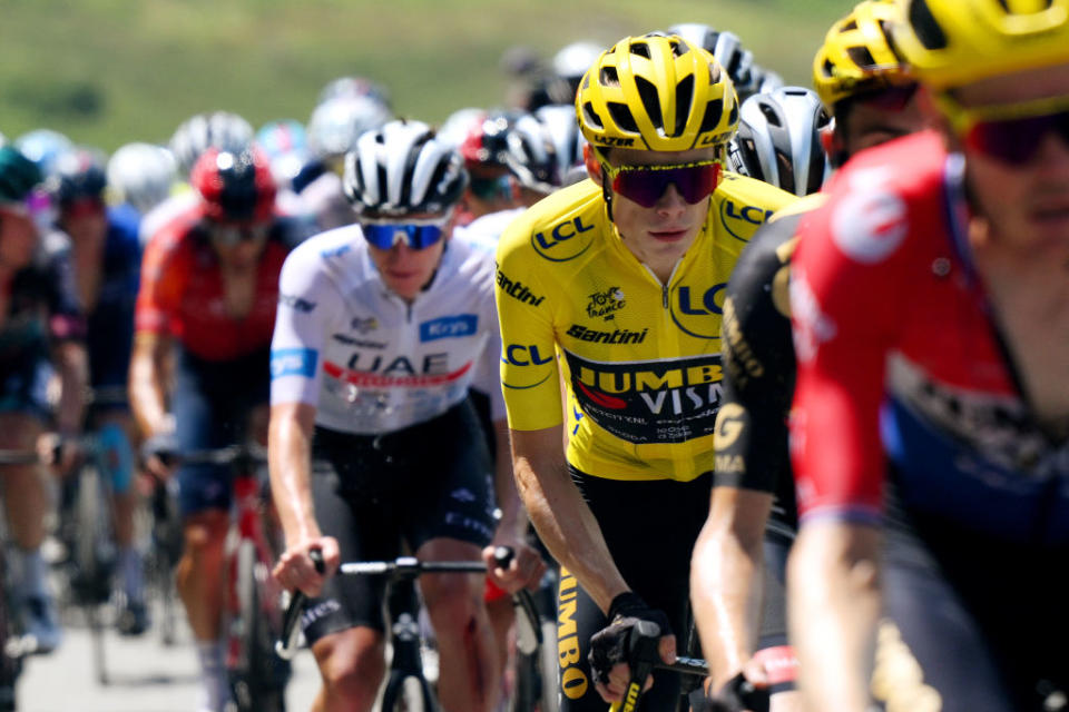 COURCHEVEL FRANCE  JULY 19 Jonas Vingegaard of Denmark and Team JumboVisma  Yellow leader jersey competes during the stage seventeen of the 110th Tour de France 2023 a 1657km at stage from SaintGervais MontBlanc to Courchevel  UCIWT  on July 19 2023 in Courchevel France Photo by David RamosGetty Images