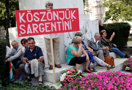 People attend a demonstration against Hungary's Prime Minister Viktor Orban in Budapest, Hungary, September 16, 2018. The banner reads: "Thank you Sargentini". REUTERS/Bernadett Szabo