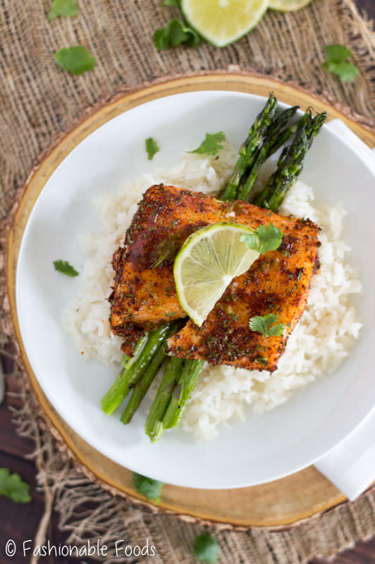 Fashionable Foods<p>Cod filets are rubbed with a flavorful spice mixture before roasting to perfection. Top this roasted chili-lime cod with a delicious lime-butter sauce and serve over your favorite veggie and rice, quinoa or cauliflower rice for a simple weeknight meal!</p><p><strong>Get the recipe: <a href="https://fashionablefoods.com/2014/06/27/2014618roasted-chili-lime-cod/" rel="sponsored" target="_blank" data-ylk="slk:Roasted Chili Lime Cod;elm:context_link;itc:0;sec:content-canvas" class="link "><em>Roasted Chili Lime Cod</em></a></strong></p>
