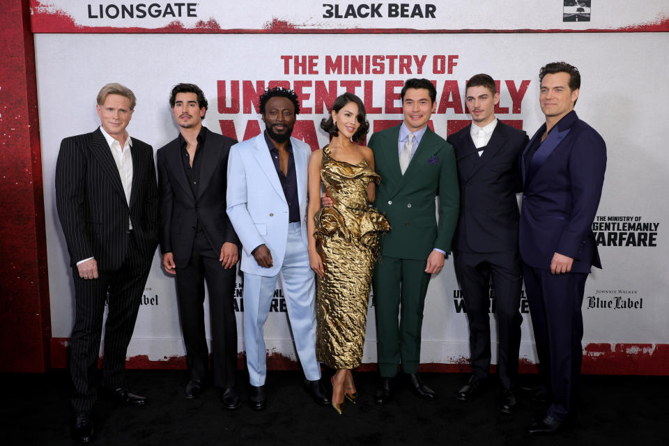 Cary Elwes, Henry Zaga, Babs Olusanmokun, Jerry Bruckheimer, Eiza González Rivera, Henry Golding, Hero Feinnes Tiffin and Henry Cavill attend the "The Ministry Of Ungentlemanly Warfare" New York Premiere