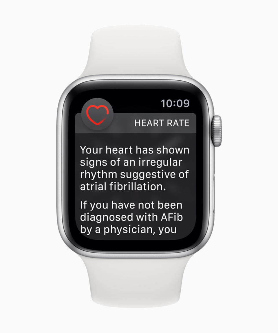 An Apple Watch with a "rhythm suggestive of Atrial Fibrillation" notification