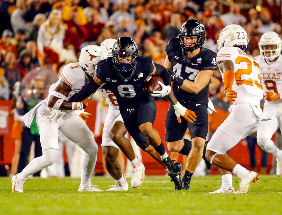 Iowa State Cyclones wide receiver Xavier Hutchinson (8) runs after a catch as the Longhorns take on the Cyclones in Ames, Saturday, Nov. 6, 2021.