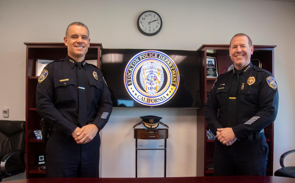 Stockton police Chief Eric Jones, right, stands with newly-promoted Assistant Chief Jim Chraska.