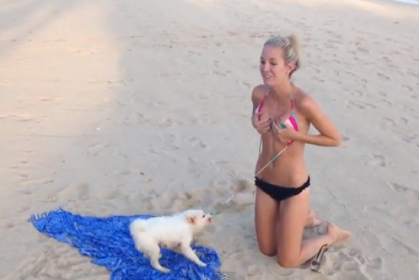 Happy woman taking bikini top off on bea, Stock Video