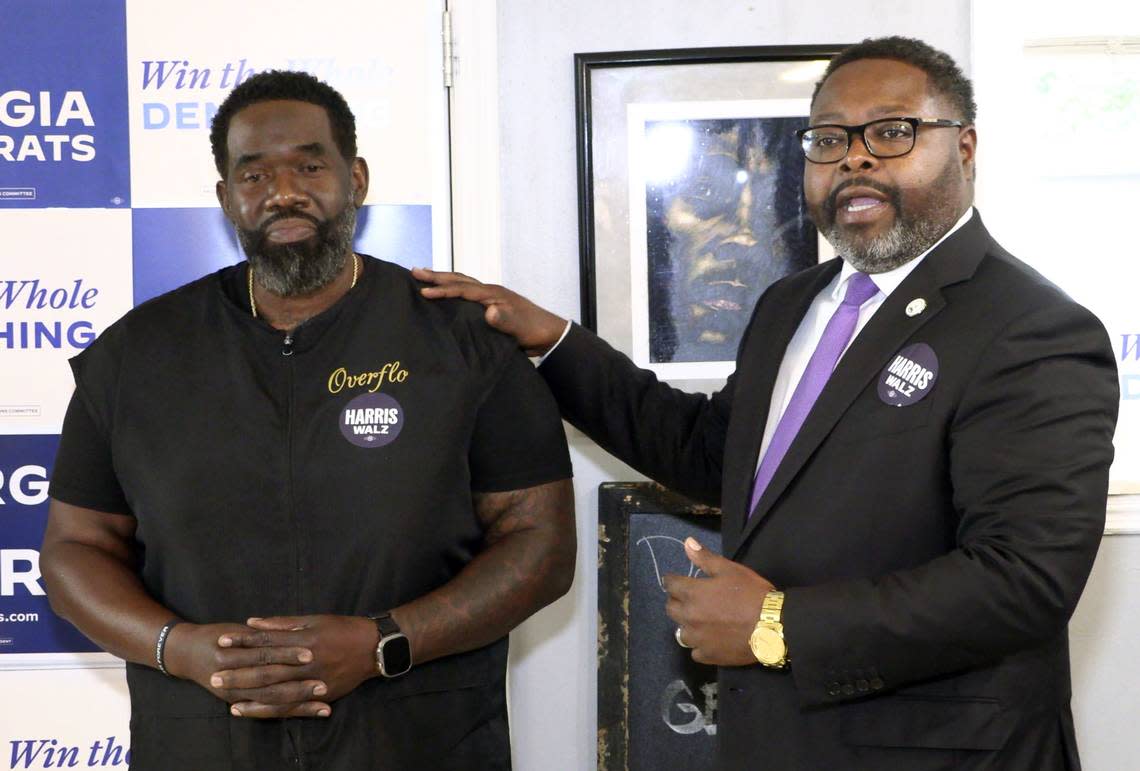 Georgia State Rep. Teddy Reese, right, joined Gerald Riley, owner of Overflo Salon and Barber Shop on Rigdon Road, during a press conference Friday morning to support Vice President Kamala Harris and her proposal to bolster small businesses. 09/06/2024