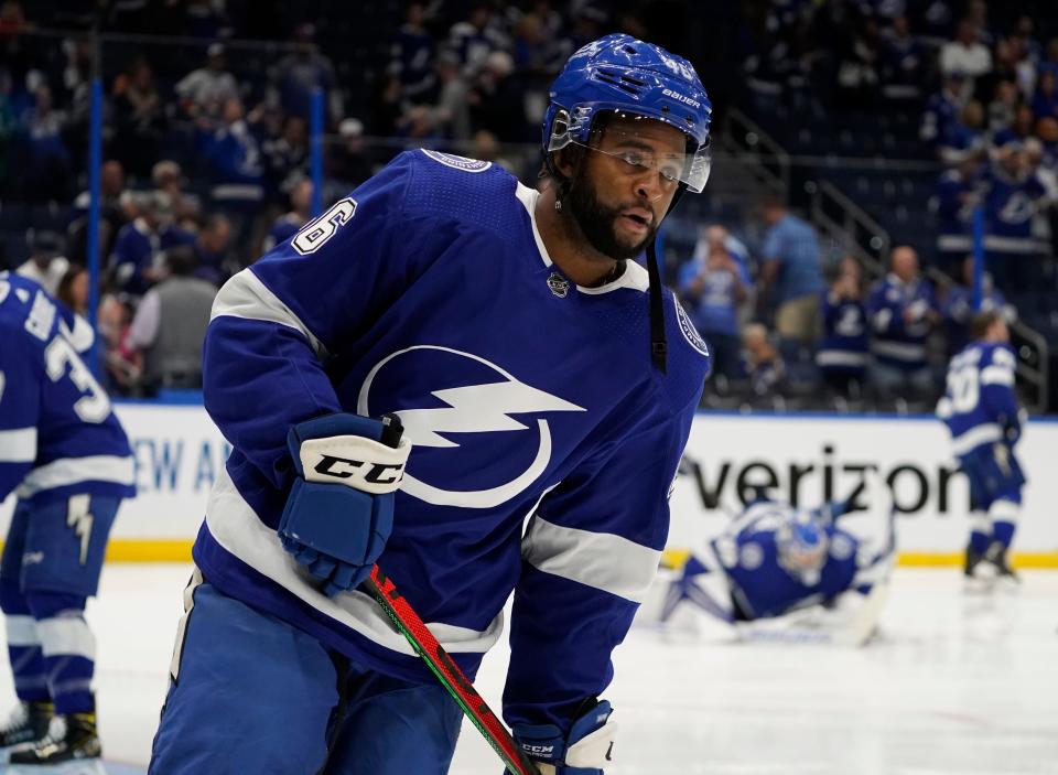 Tampa Bay Lightning center Gemel Smith (46) before Game 7 of an NHL hockey Stanley Cup semifinal playoff series against the New York Islanders Friday, June 25, 2021, in Tampa, Fla.