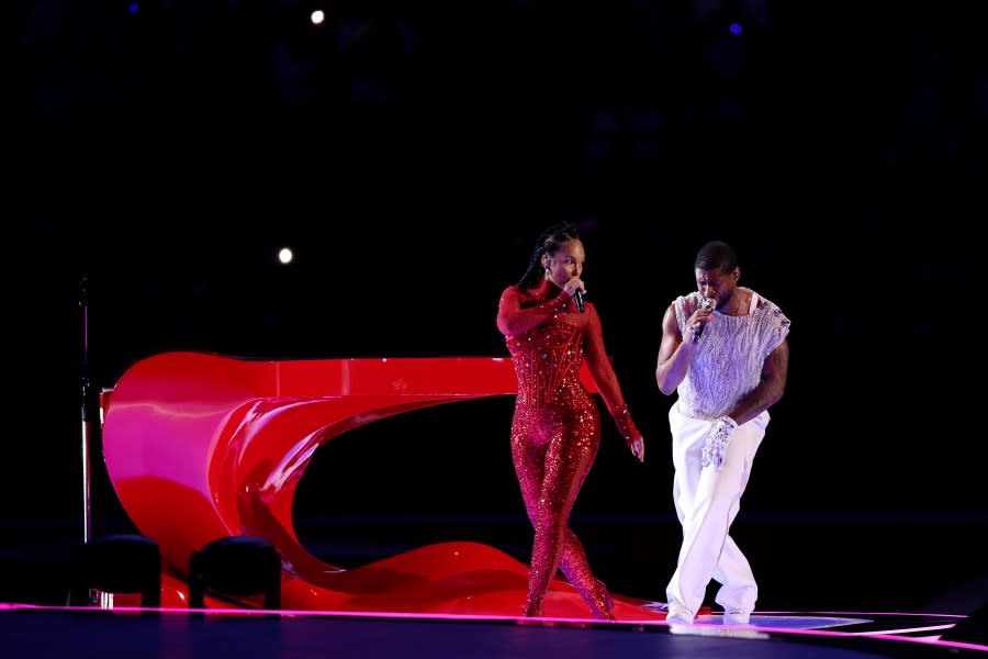 LAS VEGAS, NEVADA – FEBRUARY 11: (L-R) Alicia Keys and Usher perform onstage during the Apple Music Super Bowl LVIII Halftime Show at Allegiant Stadium on February 11, 2024 in Las Vegas, Nevada. (Photo by Steph Chambers/Getty Images)