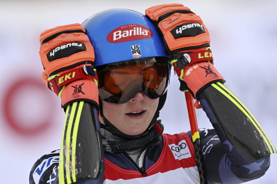 United States' Mikaela Shiffrin reacts after winning an alpine ski, women's World Cup giant slalom race, in Are, Sweden, Friday, March 10, 2023. Shiffrin has won her record-tying 86th World Cup race with victory in a giant slalom, matched the overall record set by Swedish great Ingemar Stenmark 34 years ago. (Pontus Lundahl/TT News Agency via AP)