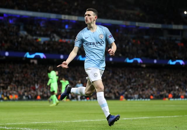 Phil Foden celebrates scoring the sixth goal 