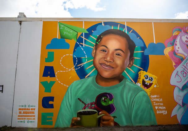 PHOTO: A mural in honor of Jayce Carmelo Luevanos brightens up the wall of a building in downtown Uvalde, Texas, Aug. 21, 2022. (Kat Caulderwood/ABC News)