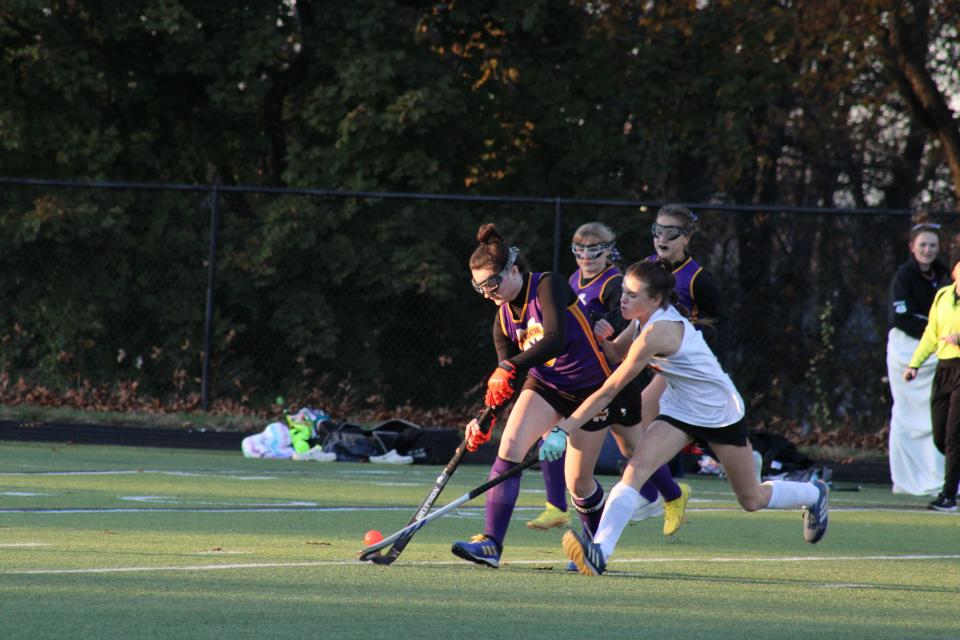 Abbie Girouard dribbles past Marlborough's Kacie Horn in Monty Tech's game on November 2, 2023.