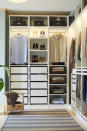 <p> One consideration when designing your own walk-in closet is to choose what combinations of storage will work best. Do you prefer to have more hanging items or do you like to keep things neatly folded in drawers or on shelves? This Ikea Pax combination shows you how to use both successfully within this corner closet.  </p>