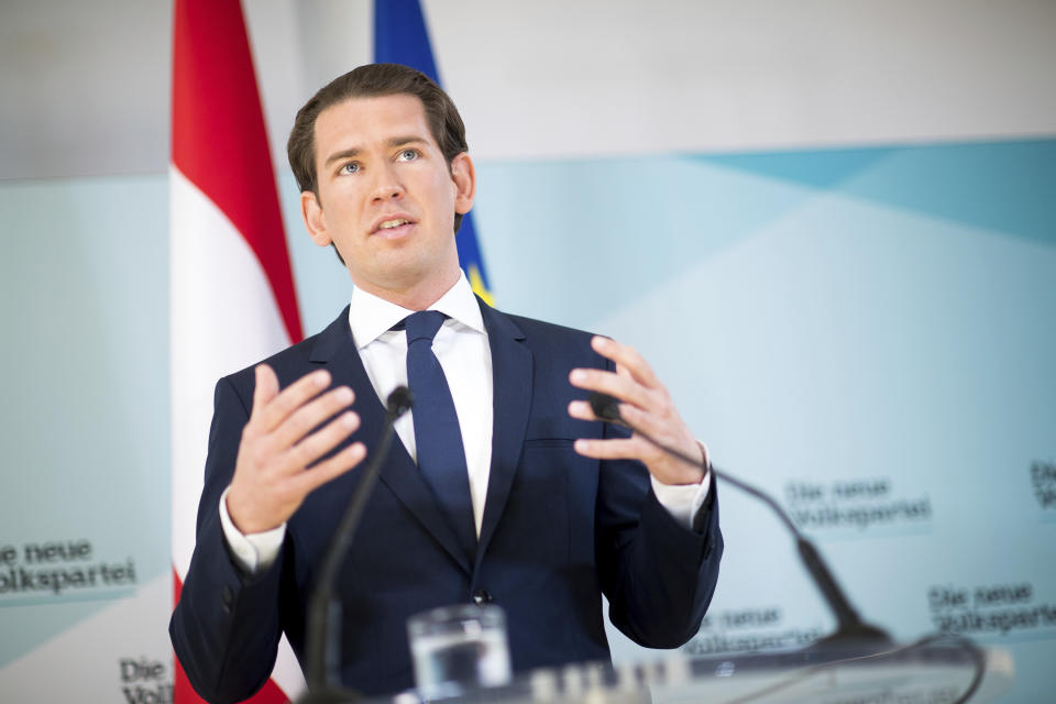 Austrian Chancellor Sebastian Kurz, of the Austrian People's Party, OEVP, addresses the media during a news conference in Vienna, Austria, Monday, May 20, 2019. Austrian Chancellor Sebastian Kurz has called for an early election after the resignation of his vice chancellor Heinz-Christian Strache from the Freedom Party spelled an end to his governing coalition. (AP Photo/Michael Gruber)