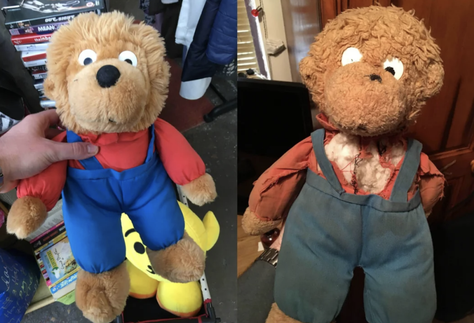 The old bear's overalls are dirty, it's shirt is partly missing, and one eye is missing a pupil