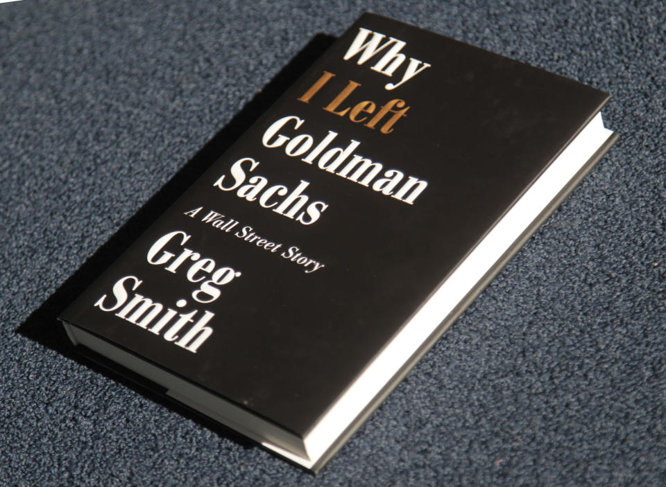 Greg Smith's new book "Why I Left Goldman Sachs, is photographed Monday, Oct. 22, 2012, in New York. Smith was a vice president at Goldman Sachs until March when he announced his departure from the investment bank with a blistering editorial in The New York Times. (AP Photo/Bebeto Matthews)