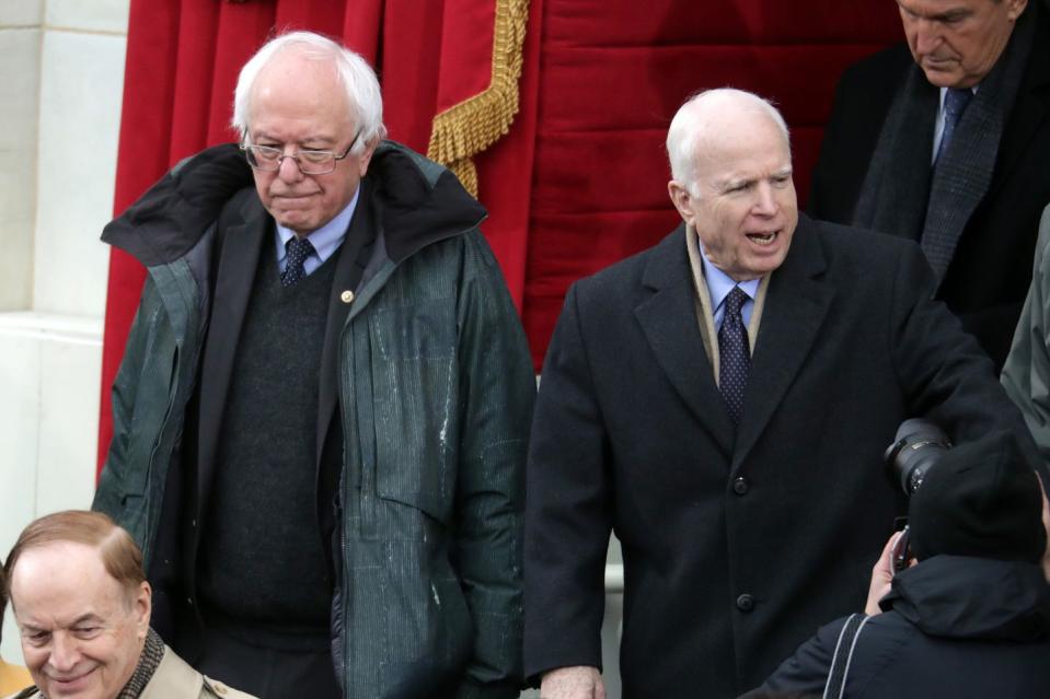 <p>McCain and Senator Bernie Sanders arrive at the U.S. Capitol on January 20, 2017, for the inauguration ceremony of Donald Trump.</p>