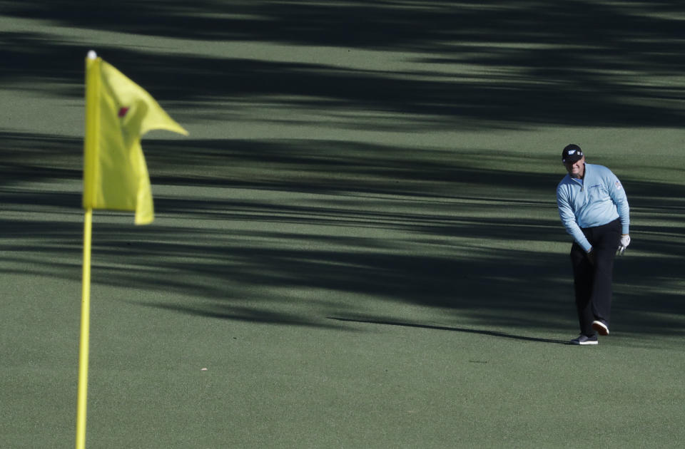 Ernie Els of South Africa, looks at a shot on the second hole during the second round of the Masters golf tournament Friday, April 7, 2017, in Augusta, Ga. (AP Photo/David Goldman)