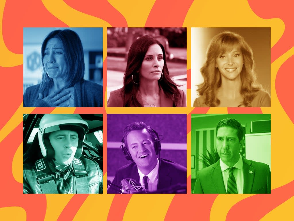 The ‘Friends’ after ‘Friends’: Jennifer Aniston in ‘Cake’, Courteney Cox in ‘Scream’, Lisa Kudrow in ‘The Comeback’, David Schwimmer in ‘Intelligence’, Matthew Perry in ‘Go On’ and Matt LeBlanc in ‘Top Gear’ (Cinelou/Paramount/HBO/Sky/Disney/BBC)