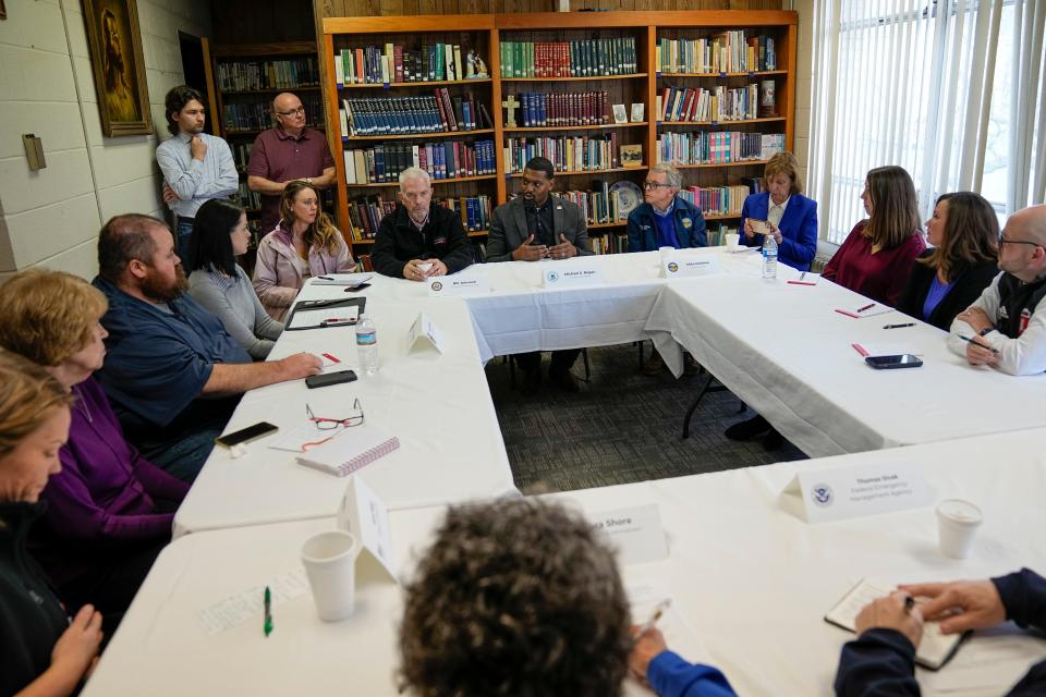 Congressman Bill Johnson, EPA administrator Michael Regan and Gov. Mike DeWine speak to East Palestine residents during a round table discussion at the First Church of Christ. Work continues to clean up the vinyl chloride chemical spill from the Norfolk Southern train derailment on Feb. 3.