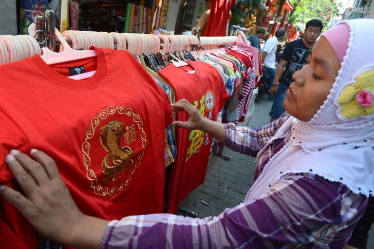 Muslim vendor Yati sells shirts bearing an image of a golden snake in Chinatown, in the Indonesian capital city of Jakarta on February 8, 2013, as minority Chinese-Indonesians celebrate the Lunar New Year. As Indonesia and other countries with Chinese diasporas welcome the Year of the Snake, hardline Islamic leaders have ignited a religious row by declaring the celebrations off limits for Muslims