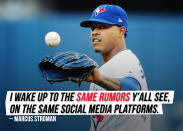 Toronto Blue Jays' <a href="https://ca.sports.yahoo.com/news/marcus-stroman-addresses-building-trade-rumours-025700071.html" data-ylk="slk:Marcus Stroman addresses the trade rumors;elm:context_link;itc:0;sec:content-canvas;outcm:mb_qualified_link;_E:mb_qualified_link;ct:story;" class="link  yahoo-link">Marcus Stroman addresses the trade rumors</a>.