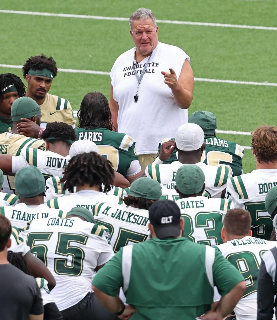 Charlotte 49ers head football coach Biff Poggi speaks to the team following their first practice on Friday, August 4, 2023.