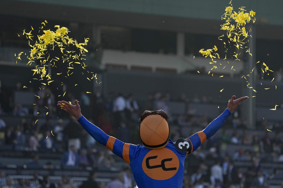 Irad Ortiz Jr. celebrates as he rides White Abarrio after winning the Breeders' Cup Classic horse race Saturday, Nov. 4, 2023, at Santa Anita Park in Arcadia, Calif. (AP Photo/Mark J. Terrill)