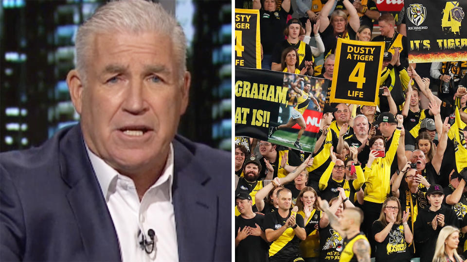 AFL great Gerard Healy has called on the Victorian government to increase stadium capacity back to 100%. Pictures: Fox Footy/Getty Images