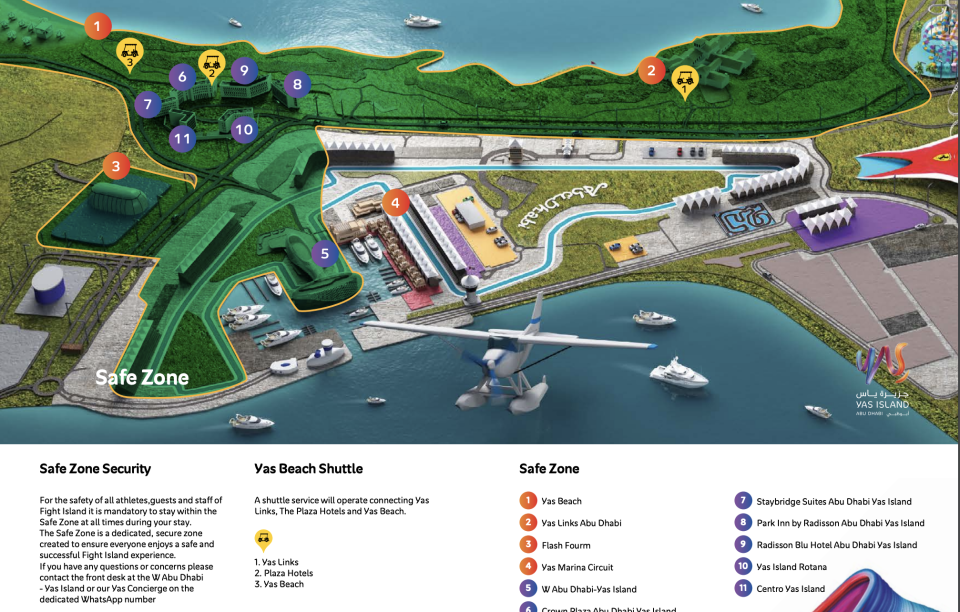 A map of Fight Island's 'Safe Zone' on Yas Island in Abu Dhabi.