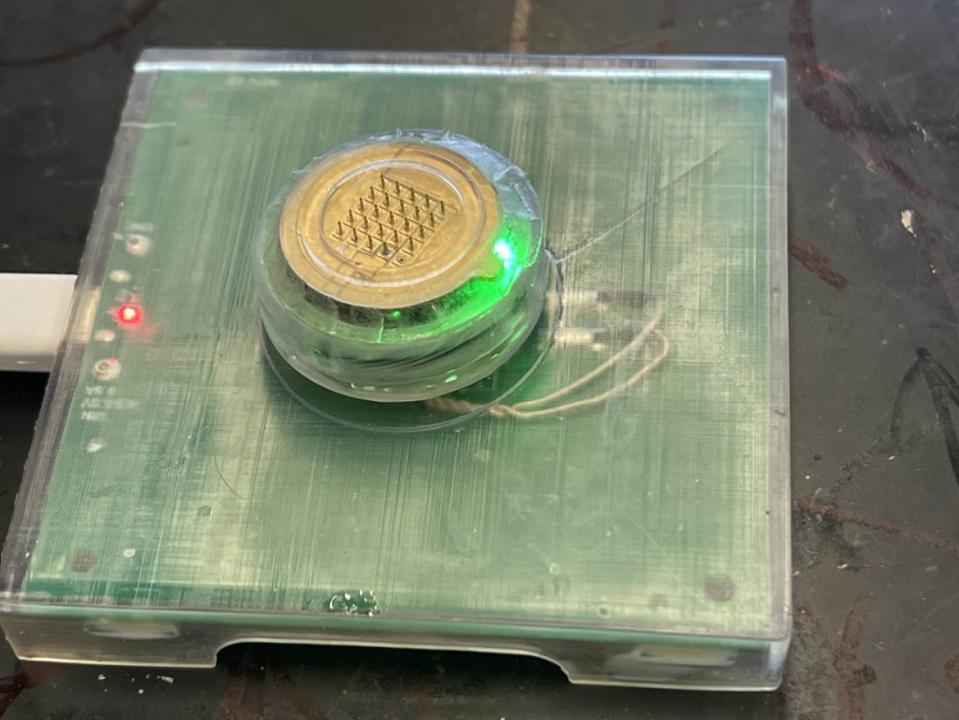 <div class="inline-image__caption"><p>The device can be recharged on an off-the-shelf wireless charging pad.</p></div> <div class="inline-image__credit">Laboratory for Nanobioelectronics/UC San Diego</div>